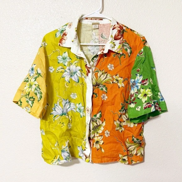 Magaschoni Linen Colorblock Tropical Print Button Up Short Sleeve Blouse Medium - Picture 1 of 5
